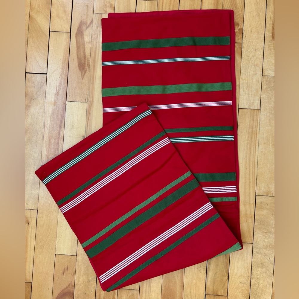 Crate & Barrel Table Runner Ribbon Red Green Striped Holiday Christmas 14x90